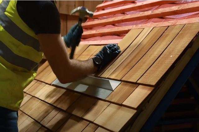 Installing wood tile roofing